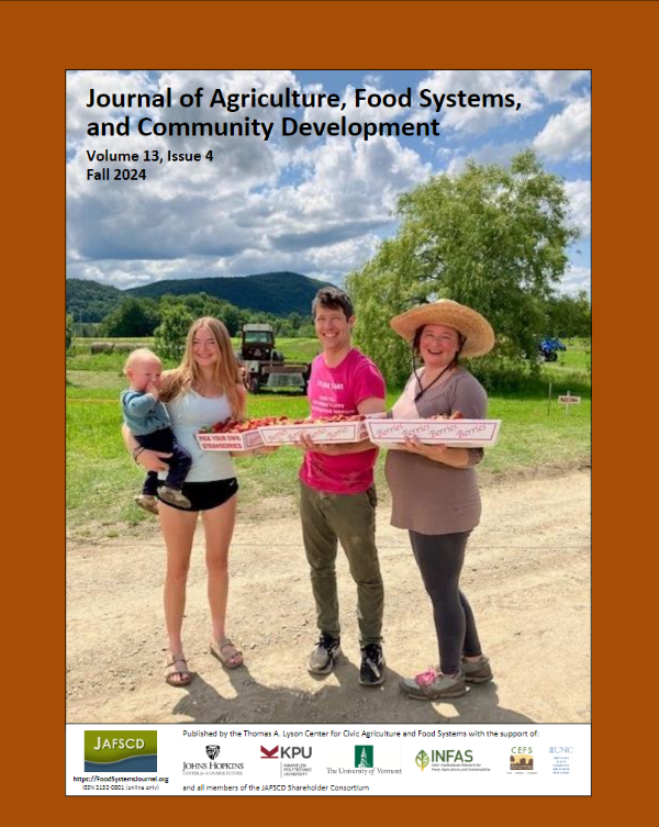 Cover of the Journal of Agriculture, Food Systems, and Community Development. Three people are standing in a dirt road holding trays of strawberries and a young child.