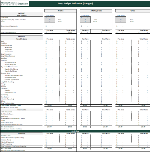 Front cover of budgeting tool.