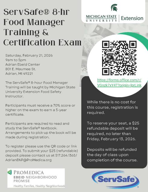 Text is MSU Extension offers an 8-hour ServSafe Manager training course and certification exam. This class is designed for anyone working in the foodservice industry, including non-profit organizations. MSU Extension will be offering proctoring of the ServSafe Manager Certification Exam.