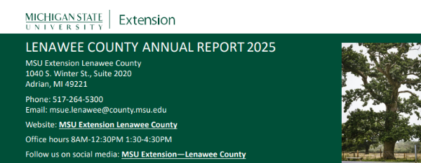 Lenawee County Annual Report Cover
With green and white MSU Extension branding