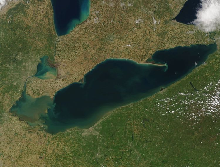 Image of Lake Erie from May 16, 2016 taken by MODIS on NASA’s Terra satellite. Sediment in the western basin and along the Ohio coast was stirred up due to strong westerly winds. These winds also pushed the Maumee River plume (dark brown) south and east.