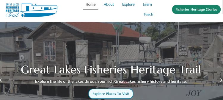 Screenshot of the banner at the Great Lakes Fisheries Heritage Trail website showing a waterfront and navigation words to explore the website.