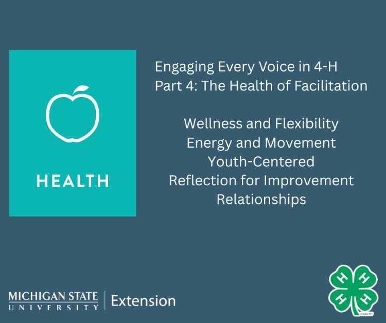 A blue background with the MSU Extension wordmark and 4-H clover in the bottom corners. On the left side in a teal box, an apple icon with the world 