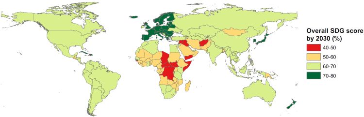 The spatial pattern of the overall SDG score by 2030 at the national level