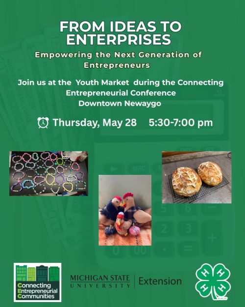 Green graphic with photos of bracelets, bread and stuffed animals. The  4-H clover is on the bottom right, the MSU Extension wordmark in the bottom middle, and CEC logo in the bottom left. In text on the graphic: 