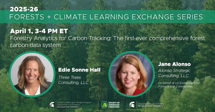Flyer for the April Learning Exchange Series webinar. In this webinar, Edie Sonne Hall from Three Trees Consulting and Jane Alonso on behalf of US Endowment for Forestry and Communities present 