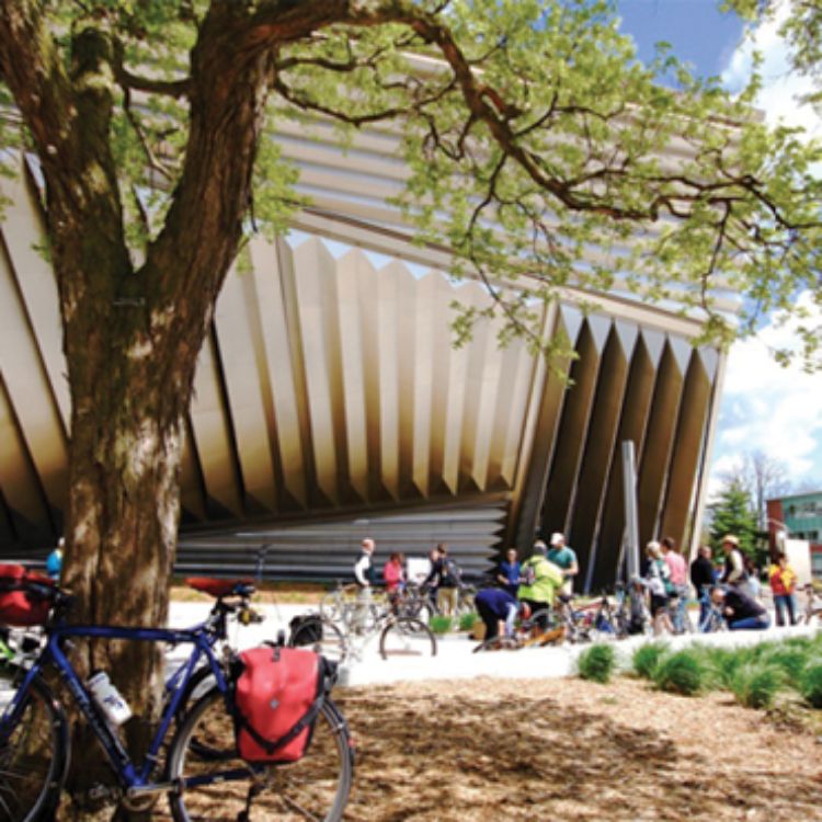 Riders gather at the Broad Art Museum.