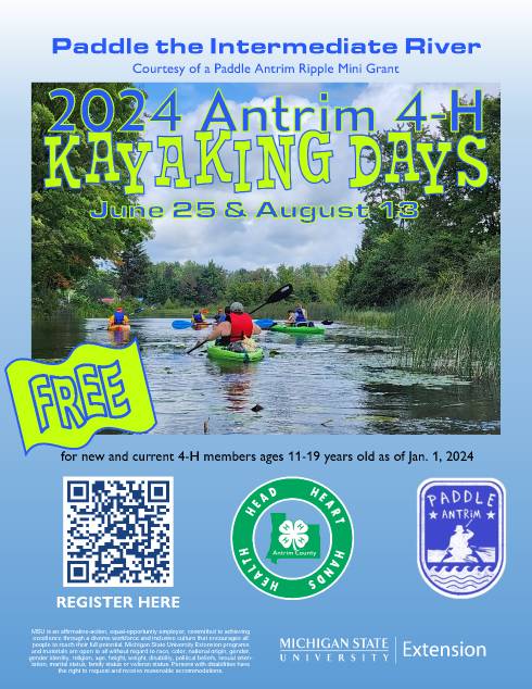 2024 Antrim 4-H Kayaking Days.  Image with a picture of paddlers on a northern Michigan river.