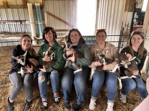 Group of five women sitting on straw bales in a barn, each holding a baby goat