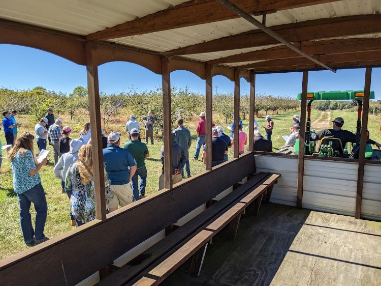 A group of people gathered around a speaker next to a shade structure.