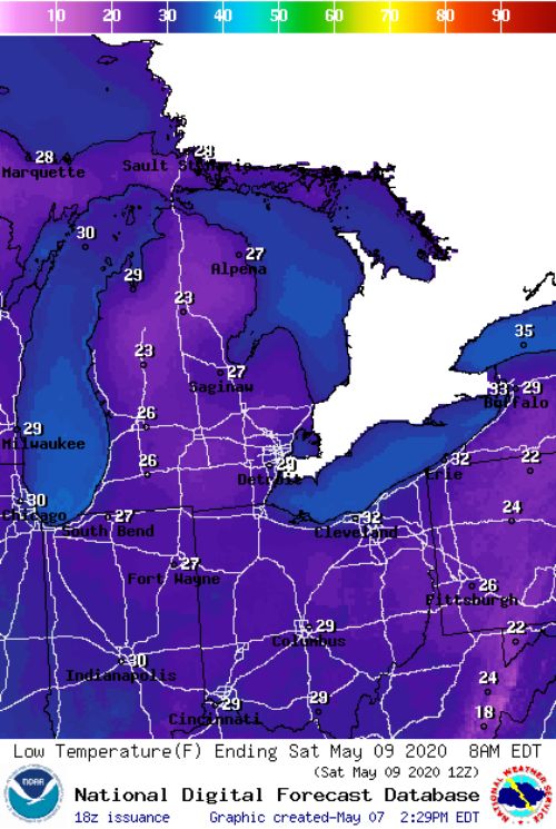 Forecast low temperatures Friday night through Saturday morning