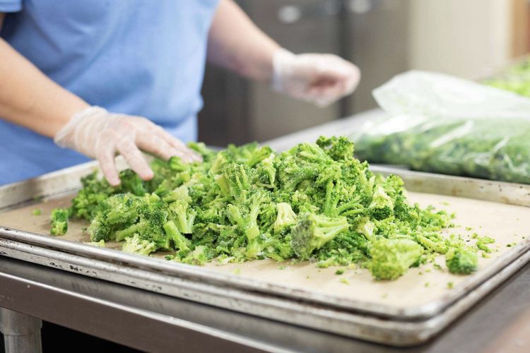 A school food manager prepares a sheet pan full of broccoli
