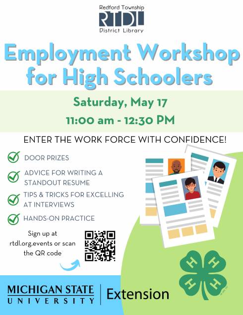 Graphic with 4 H clover and pictures of resumes with details on workshop date, time, and content