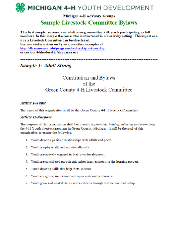 First page of the Sample Livestock Committee Bylaws document.
