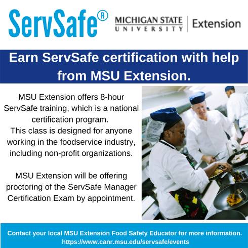 Photo of 2 people eating. Text is MSU Extension offers an 8-hour ServSafe Manager training course and certification exam. This class is designed for anyone working in the foodservice industry, including non-profit organizations. MSU Extension will be offering proctoring of the ServSafe Manager Certification Exam by appointment.