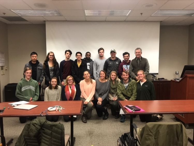 Bob Wilson, top right, pictured with students from one of his courses at MSU.