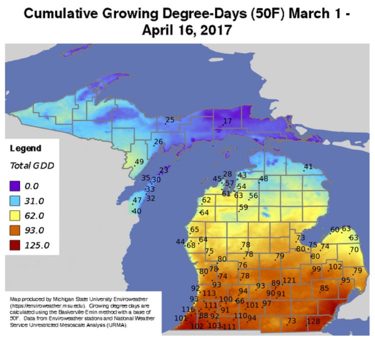 Enviroweather’s map showing cumulative growing degree-days.