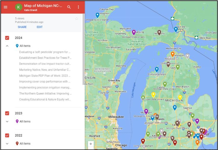 A photo of a map of Michigan with several highlighted locations.