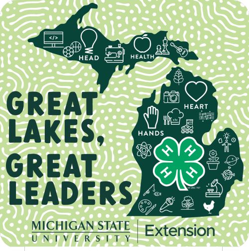 A green outline of the state of Michigan with lots of different icons on it, representing various Michigan 4-H programs. In the middle, a large 4-H clover. To the left, the words Great Lakes, Great Leaders. Below, the MSU Extension wordmark.