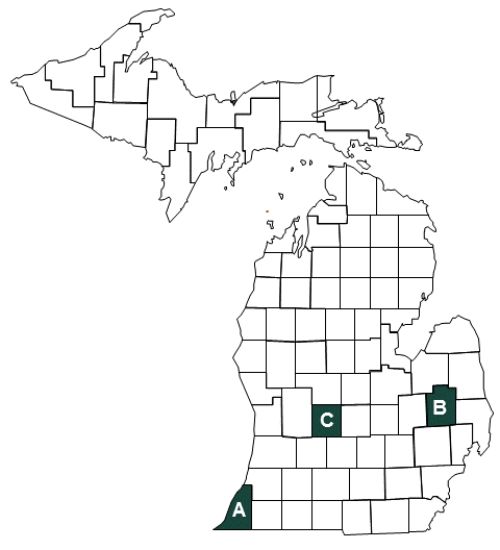 Photo 1. Locations of the corn stover harvest study. Sites A and B were in a corn-corn rotation while site C was in a corn-soybean rotation.