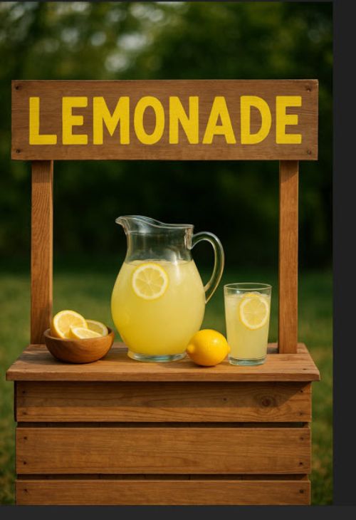 A clear pitcher and glass of lemonade next to a bowl of lemons on a brown stand. On the top of the stand is a banner that reads 