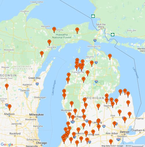 Map of Michigan with pins at various locations.