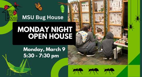 A display of insect specimens is shown on one side of the screen, the other side has text reading 