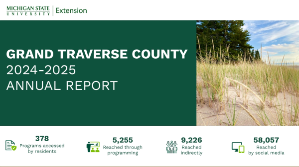 Cover page of Grand Traverse County Report. Dark green background with white text. An image to the right depicts a beach scene with sand, tall beach grass, and thick forest in the background.