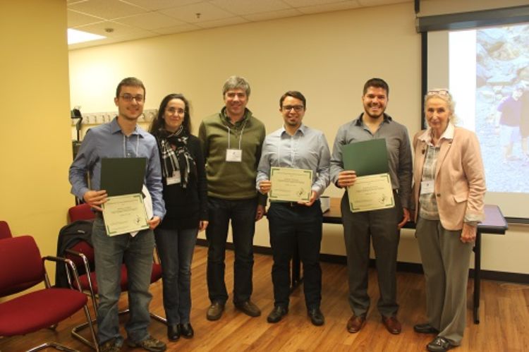 Faculty members Dr. Veiga-Lopez, Dr. Juan Steibel, and Dr. Gretchen Hill pose with winners of the Graduate Research Forum