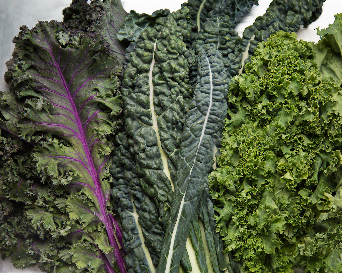 Multiple types of kale spread out on a table