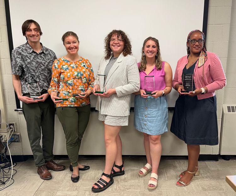 The 2023 CSUS endowed fellowship graduate award winners. Pictured left to right: Doug Slater, Tanya Iretskaia, Angel Harmon, Ellie Schiappa, Angela Manjichi