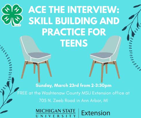 Two chairs facing each other with a blue flower background. The 4-H clover logo and MSU Extension are also on the image along with details on the workshop.