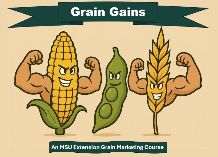 cartoon of three crops, corn, soybeans and wheat with muscle arms