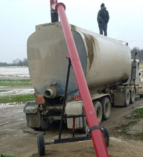 A truck used to help move manure on and off a farm