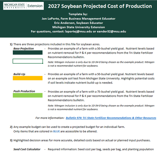 Front page of the 2027 Soybean Projected Cost of Production tool instructions