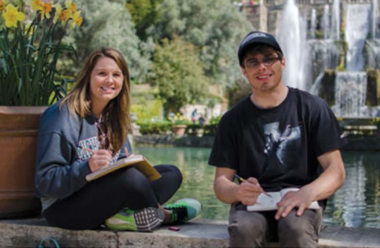 Two students drawing at Villa d’Este in Tivoli, Italy.