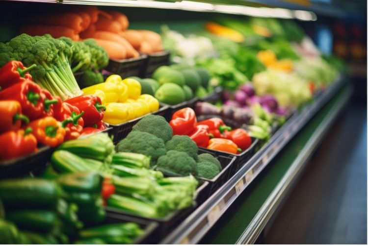 Grocery store cooler with shelves full of different vegetables.