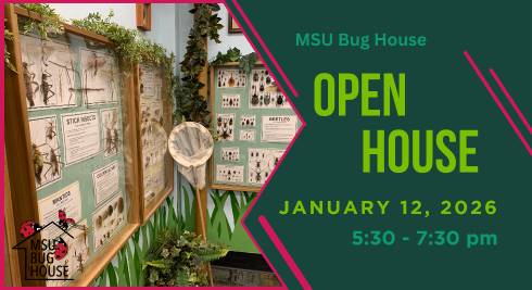 One side shows display cases holding insect specimens and a net that is used to collect insects. Text on the other side reads 