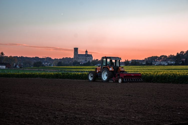 A tractor in a field at sunset.