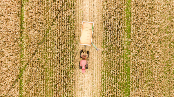 Birds eye view of a tractor cultivating fields of grass. Photo by Loren King from Pixabay.