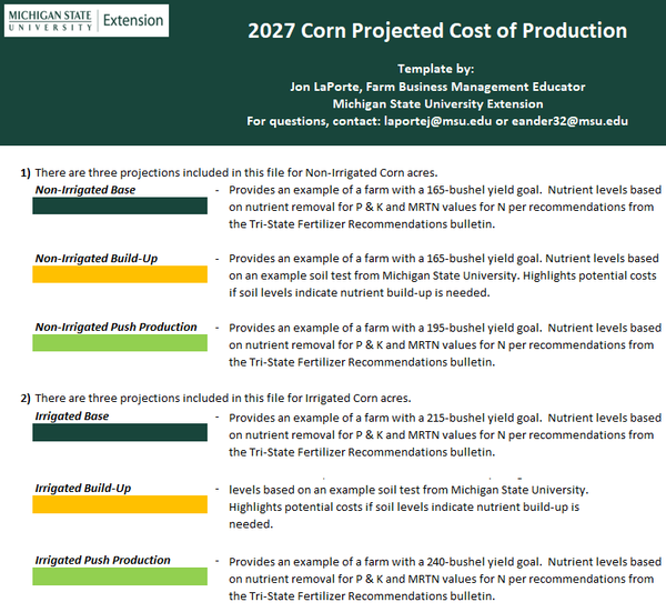 Front page of the instructions tab for the 2027 Corn Projected Cost of Production Tool.