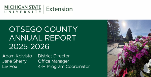 cover of the 2025-2026 otsego county annual report featuring pink and white flowers with blue sky in the background and a list of staff