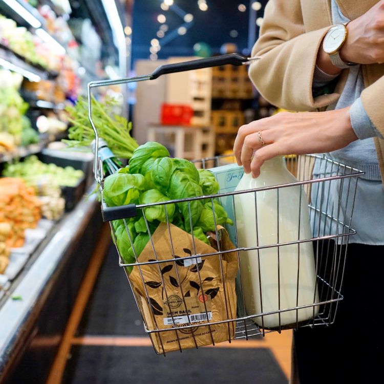 A person shopping with a grocery basket full of produce.