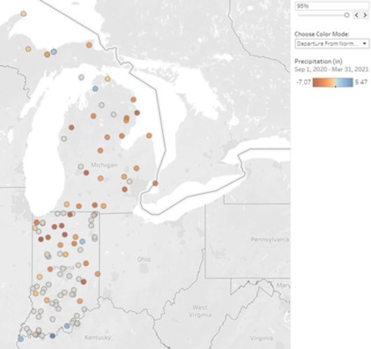 Map of Michigan showing temperatures.