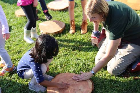 A young child putting her hand on a tree cookie along with an adult also putting her hand on the tree cookie.  Both are squatting down in the grass outside.