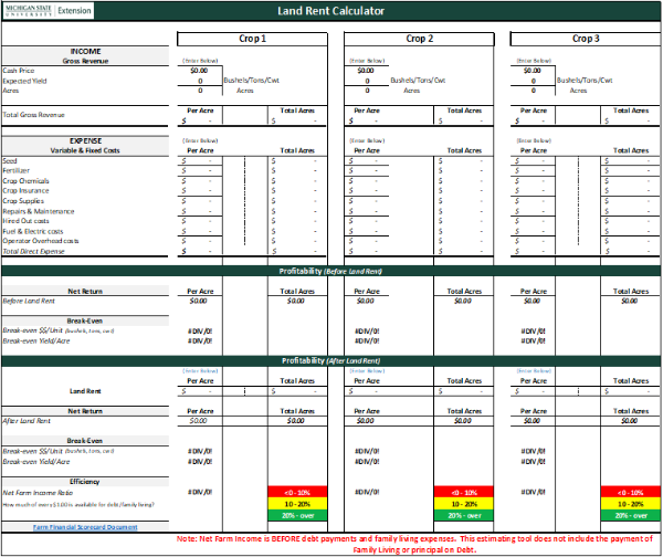 This is the front view of the land rent calculator main page.