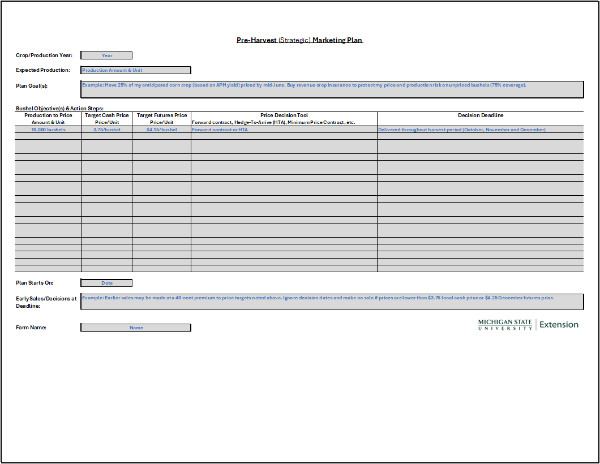 Image of the pre-harvest marketing plan available in the template.