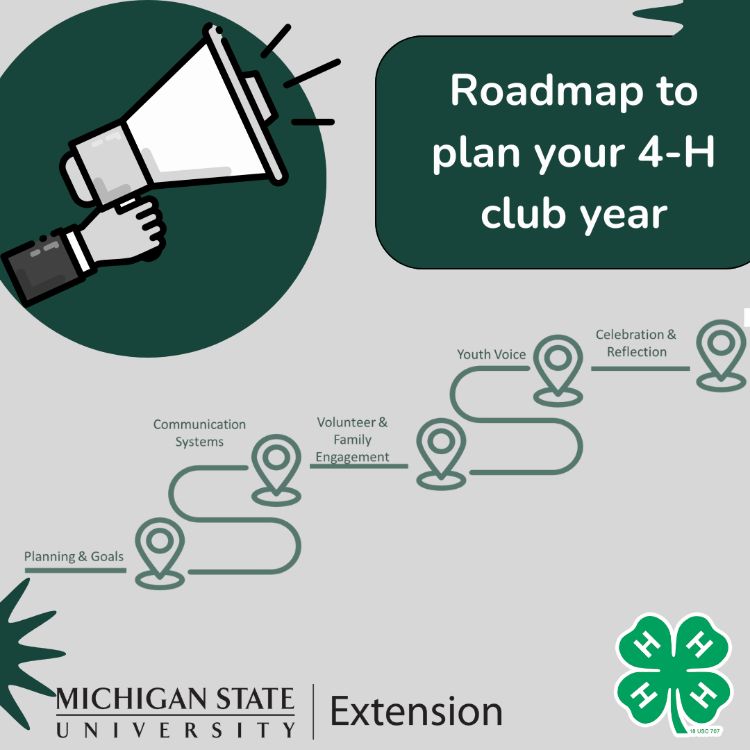 A grey background with the MSU Extension wordmark and 4-H clover in the bottom corners. On the upper left, a green circle with a megaphone. On the upper right, a green rectangle with the words 