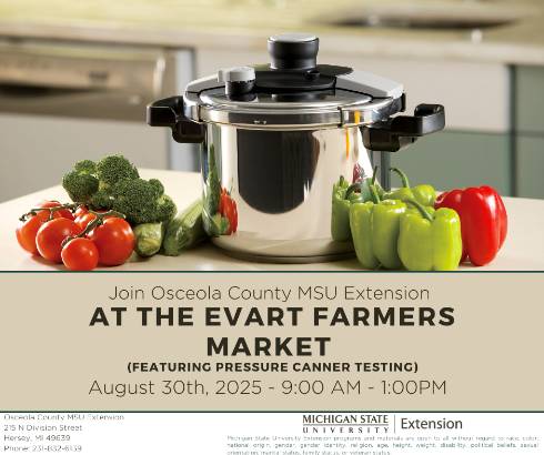 Pressure canner, assortment of vegetables on counter around canner, event details