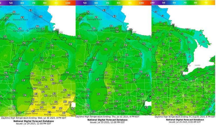 Three maps of Michigan showing forecasted temperatures for July 30, 31 and Aug. 1.